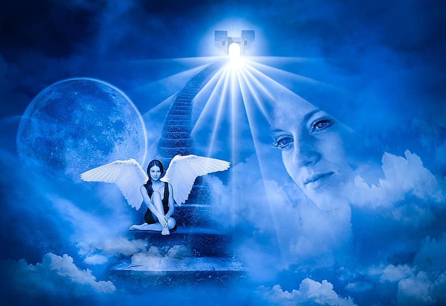 Anděl strážný, anděl, křídlo, nebe, schody, tvář, víra