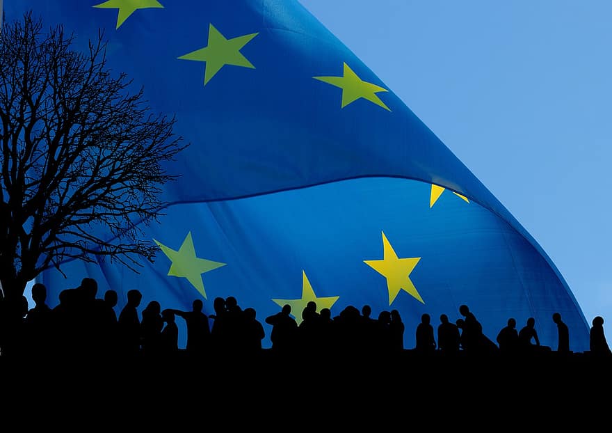 Europa, refugiados, pessoal, escapar, bandeira, Estrela, azul, europeu, eu, euro, economia