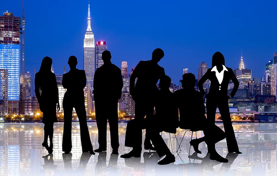 pessoal, empresários, Nova york, arranha-céu, sucesso, Parabéns, cooperação, grupo, silhueta, equipe, escritório