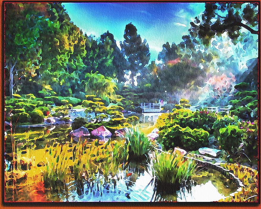 parkere, sø, blomster, træer, Dam, have, natur, meditation, åkande, japansk, akvarel