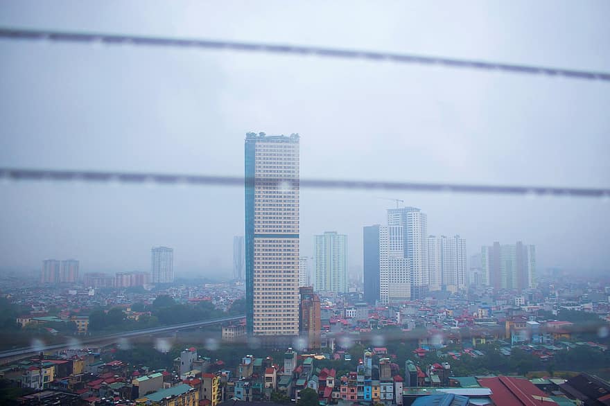 kota, bangunan, kabut, hujan, gedung pencakar langit, urban, balkon, Jaring Pengaman Apartemen