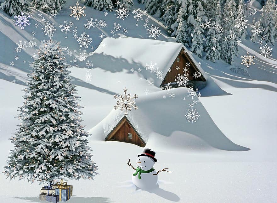 jul, tre, gaver, snømann, ferien, desember, hus, snø, feiring, vinter, snøflak