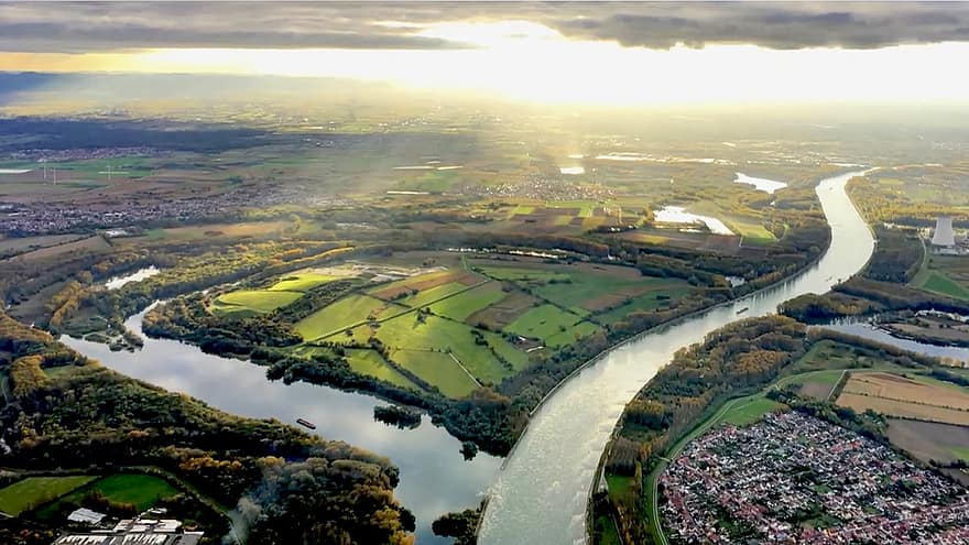 Speyer, Германия, река, полета, град, панорама, Рейн, природа, залез, здрач, слънчева светлина