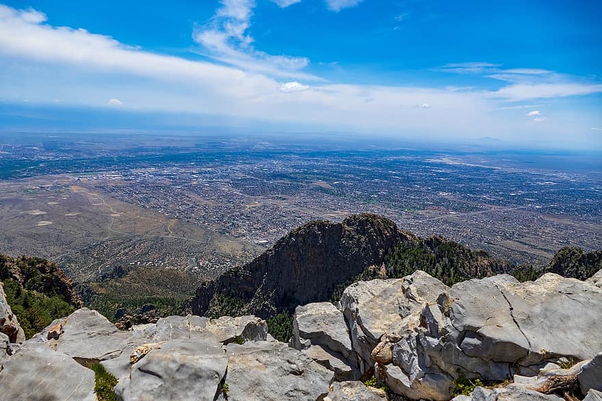 høy, utsikt, fjell, by, Albuquerque, New Mexico, eventyr, topp, antenne, landskap, toppmøte