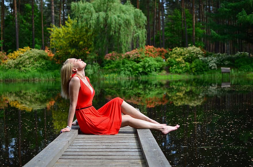 Woman, Jetty, Lake, Rest, Leisure, Relaxation, Fashion, Vacation, Girl, Model, Pose
