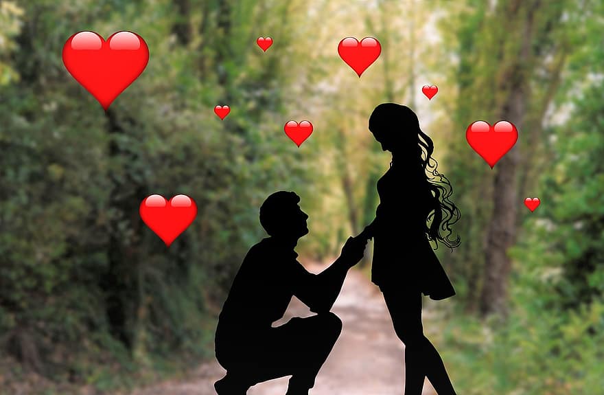 liefde, paar, Valentijnsdag, romantisch, tafereel, harten, verliefd, romance, mannen, vrouw, hart vorm
