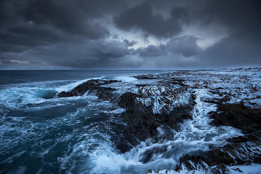 Sea, Waves, Island, Ocean, Water, Horizon, Nature, Gloomy, Storm