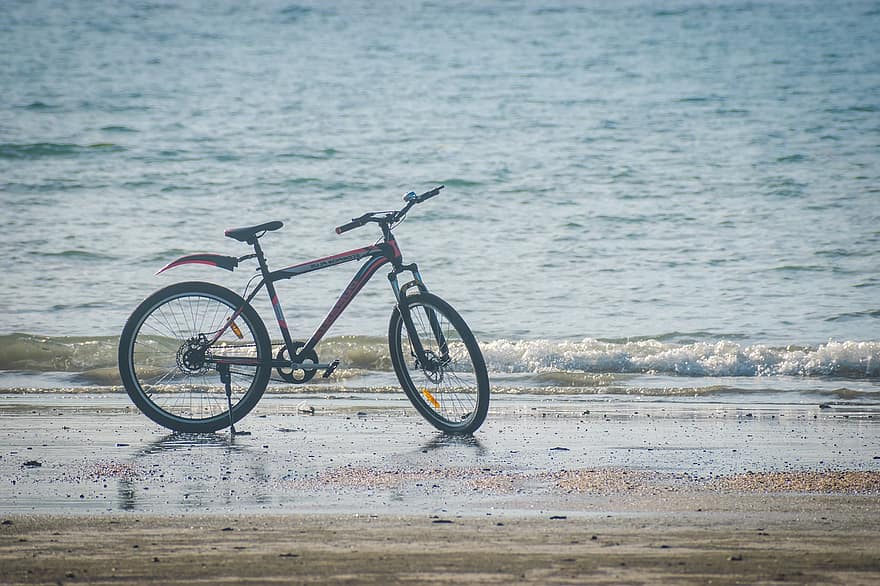bicicleta, platja, mar, ciclisme, onades, a l'aire lliure, Costa, Riba, horitzó, oceà, posta de sol