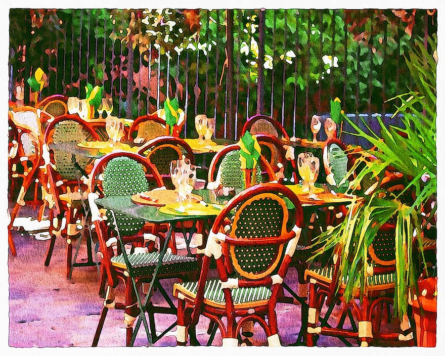akvarel, paris cafe, Bistro, Paris, Frankrig, Europa, fransk, by, arkitektur, årgang, boutique