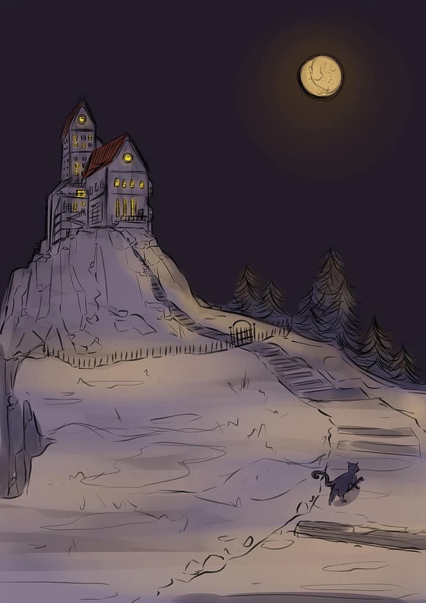Night, Tale, Vintage, Drawing, Castle, Manor, Cat, Trees, Forest, Gothic, Creepy