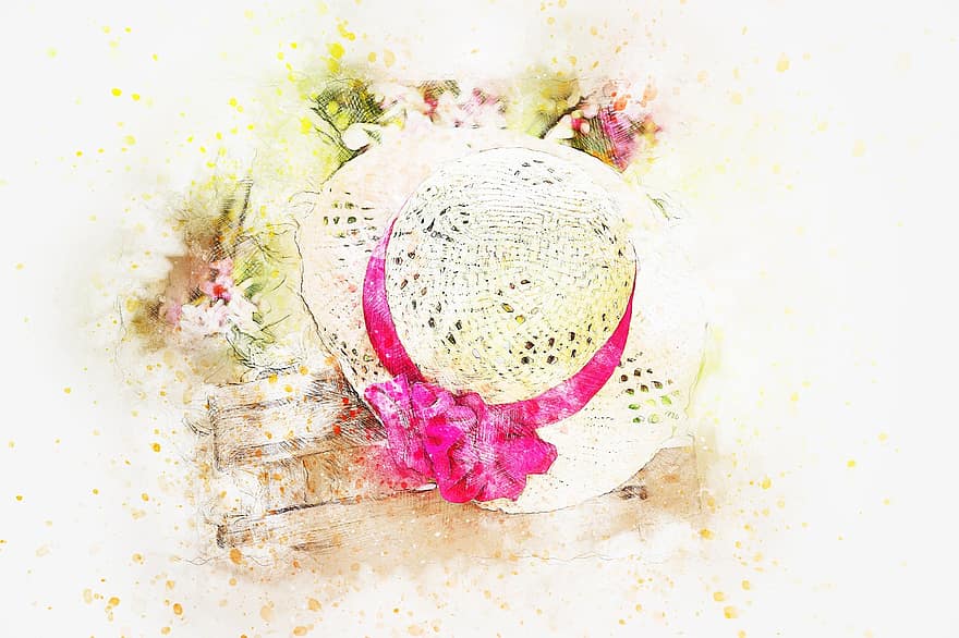 Hat, Flowers, Girl's Hat, Art, Abstract, Watercolor, Vintage, Beauty, Summer, Romantic, Artistic