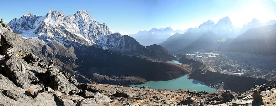 озеро, Гималаи, горы, пейзаж, гора, горная вершина, камень, снег, горный хребет, лед, приключение