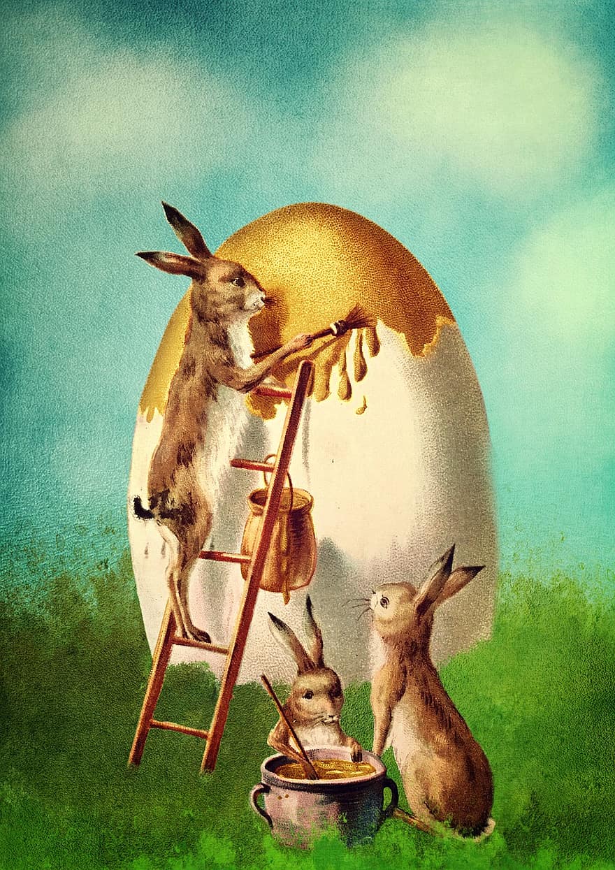 Easter, Egg, Easter Bunnies, Background, Old, Vintage, Nostalgia, Traditional, Rabbits, Bunnies, Painting