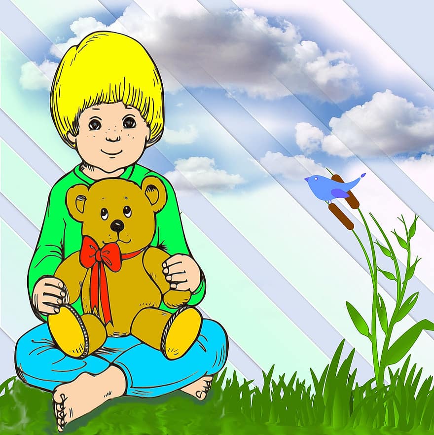 pojke, trädgård, moln, barn, barndom, unge, grönt gräs, liten pojke, nallebjörn, blommor, barnslig