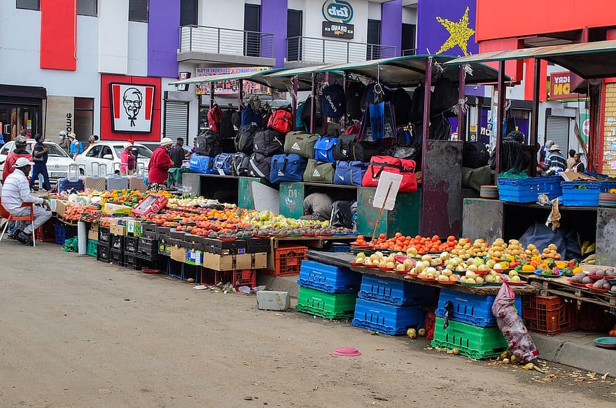 piac, zöldségek, utca, gyárt, istálló, gyümölcsök, élelmiszer, táskák, eladási, eladó, szabadban