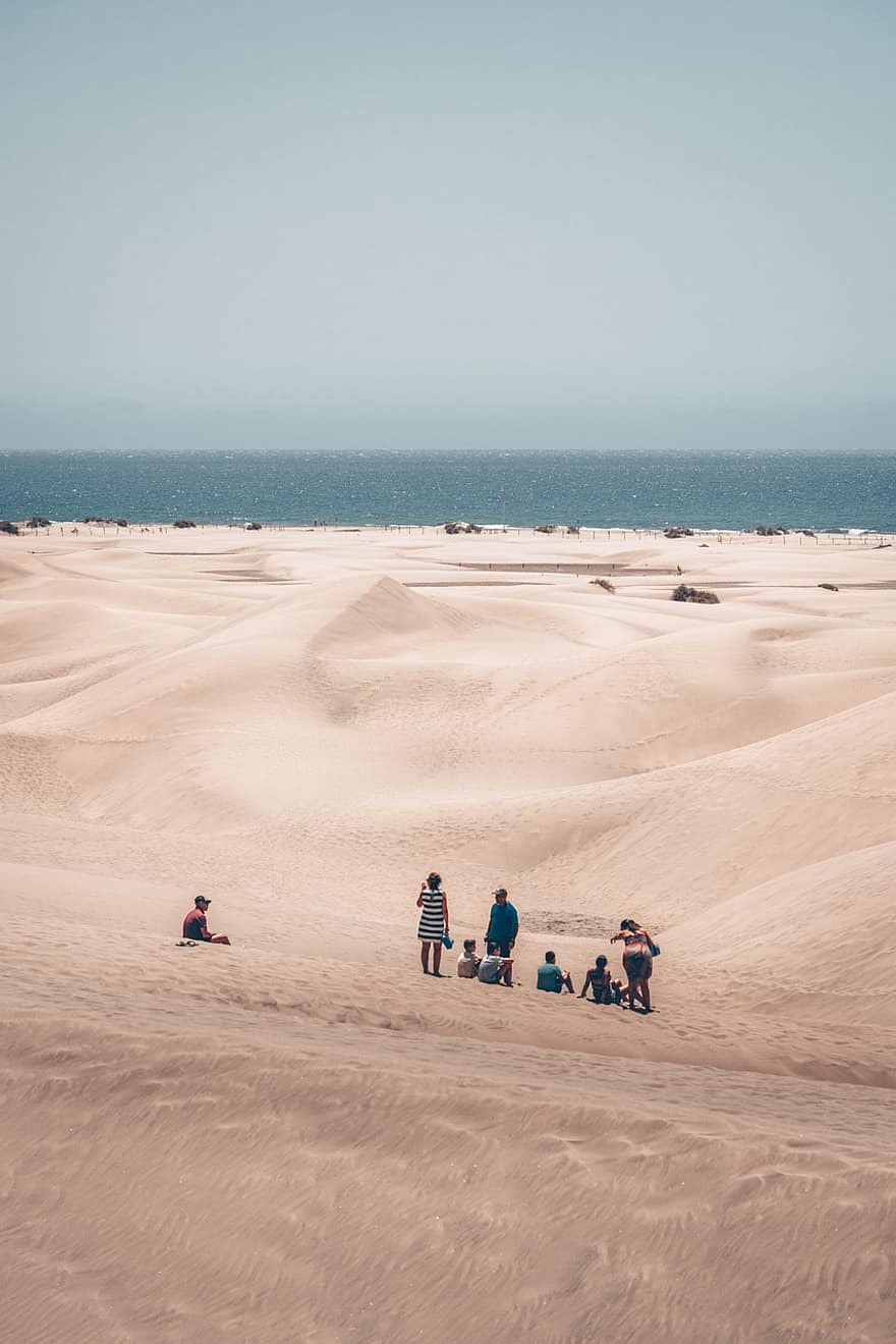 areia, dunas, dunas de maspalomas, de praia, mar, oceano, à beira-mar, Beira Mar, costa, horizonte, skyline