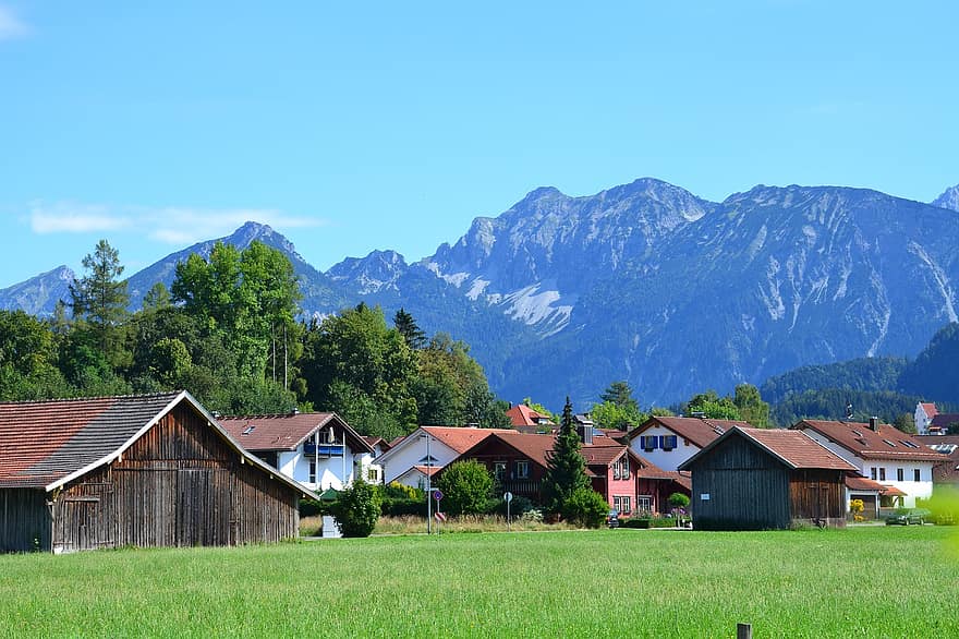 allgäu, 퓌센, 바이에른, 독일, 경치, 산들, 산맥, 주택들, 마을