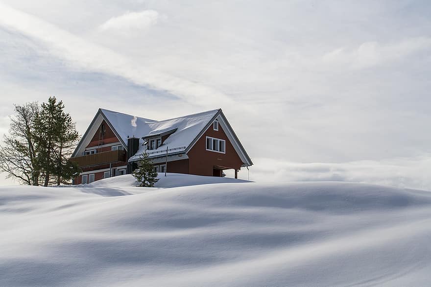 hus, vinter, natur, årstid, husly, Sveits, sentrale Sveits, snø, hytte, arkitektur, vindu