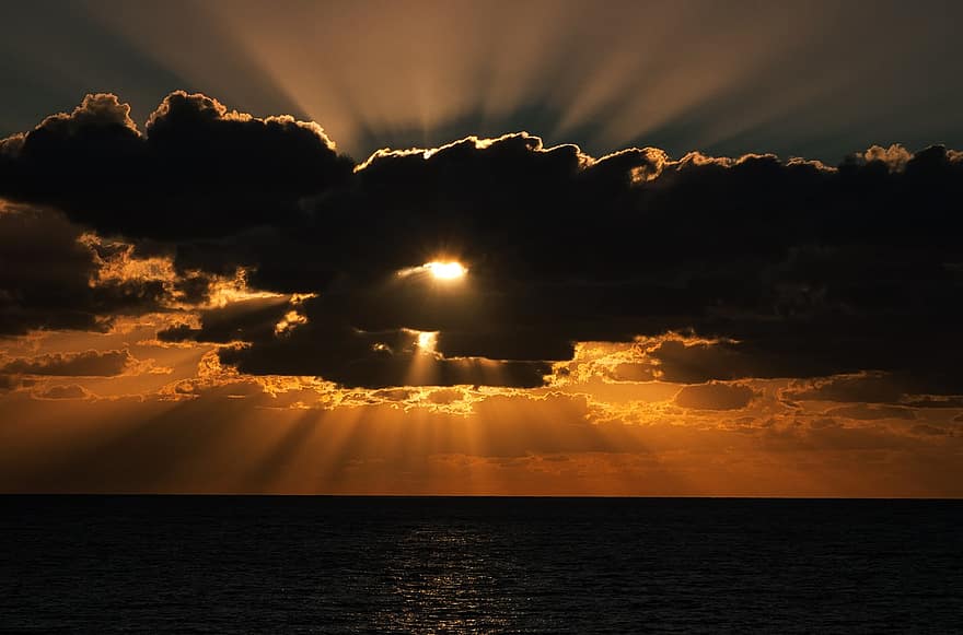 solnedgång, solstrålar, skymning, hav, Medelhavet, moln, natur, gran canaria, ö, Sol, solljus