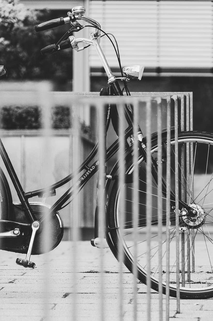 bicicleta, bastidores de bicicletas, rueda, paseo, ruedas, ciclismo, transporte, ciclo, metal, en blanco y negro, modo de transporte
