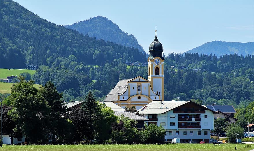 Village, Church, Nature, Ebbs, Austria, Meadow, Alpine, Mountains, Sky, Beautiful, Scenic