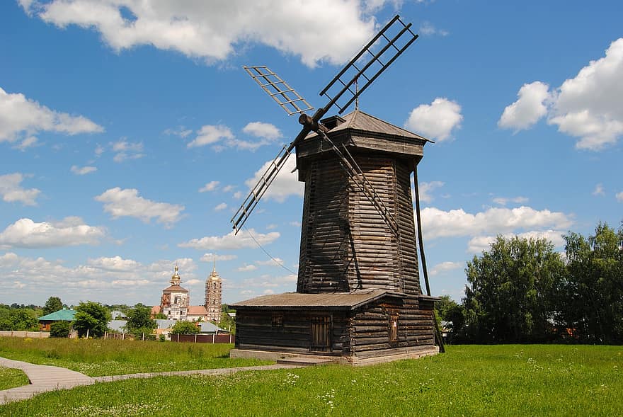 Mühle, Kirche, alt, Holz, Wolken, die Architektur, Russland, ländliche Szene, Geschichte, Kulturen, Christentum