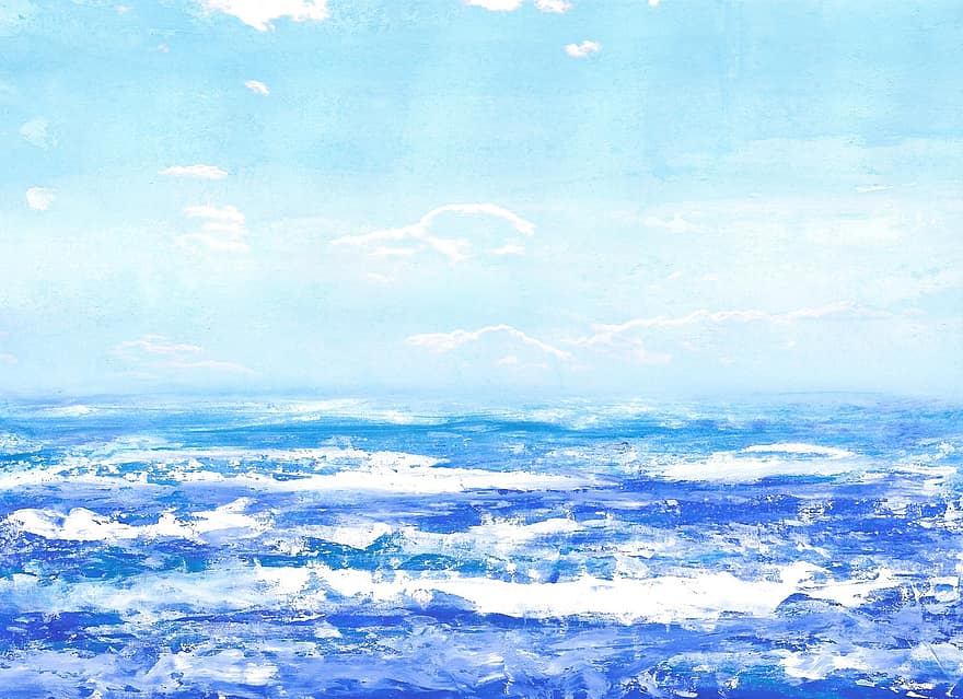 tekstūra, jūros, vanduo, mėlyna, vandenynas, banga, vandens paviršius, akvarelė, Malspachtel, dangus, debesys