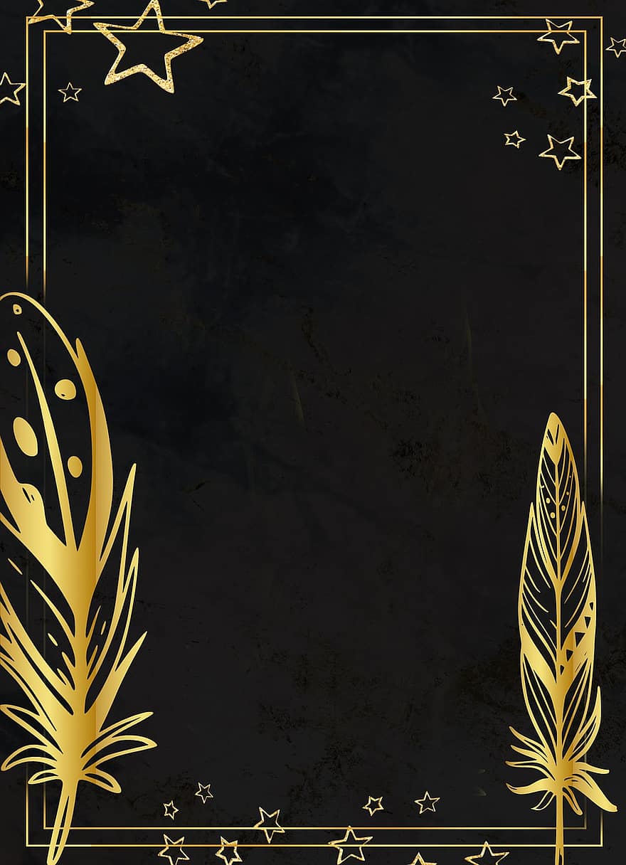 Feather, Frame, Black, Gold, Stars, Copy Space, Background, Wallpaper, Luxury, Design, Modern