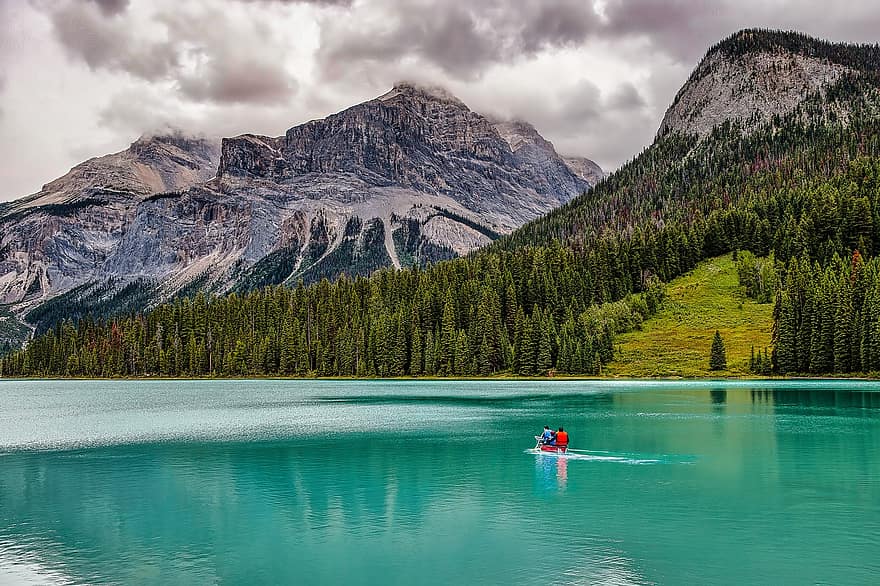 smaragdi järvi, kajakki, vuoret, kanootti, järvi, metsä, Puut, vesi, luonto, Banff, vuori
