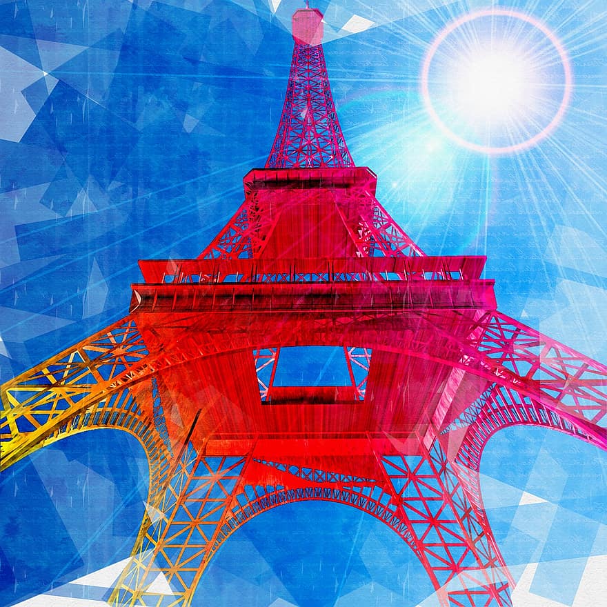 برج ايفل ، سماء ، لوحة ، شمس ، ضوء الشمس ، أشعة الشمس ، برج ، معلم معروف ، باريس ، فرنسا ، أوروبا