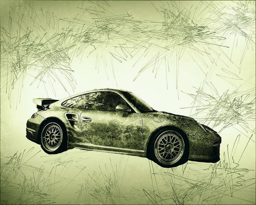 Car, Automobile, Drawing, Sketch, Porsche, Sports Car, Luxury, Convertible, Watercolor