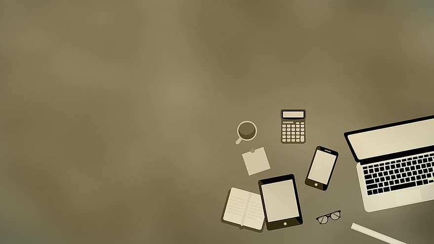 портативный компьютер, таблетка, калькулятор, рабочая станция, смартфон, коричневый, серый, интернет, онлайн, удаленная работа, горячий напиток