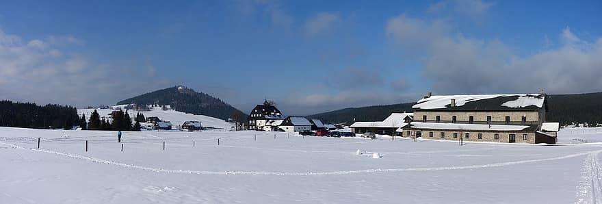 by, vinter, sæson, huse, landsby, jizera bjergene, Buchberg, palæ, sne, bjerg, landskab