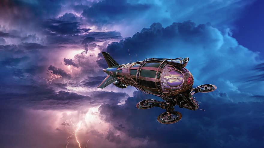 steampunk, Kapal Udara Steampunk, pesawat udara, badai, petir, sci-fi, fiksi ilmiah, pesawat terbang
