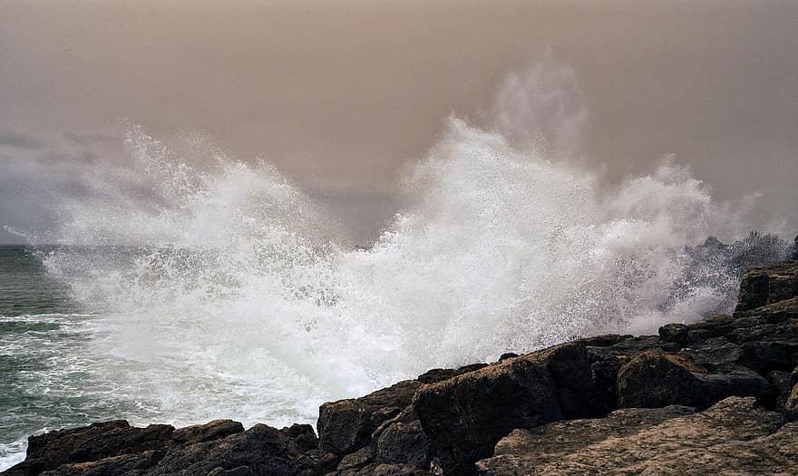 vētra, krastā, viļņi, splash, vējš, jūra, akmens, Portugāle, raksturs, vilnis, ūdens