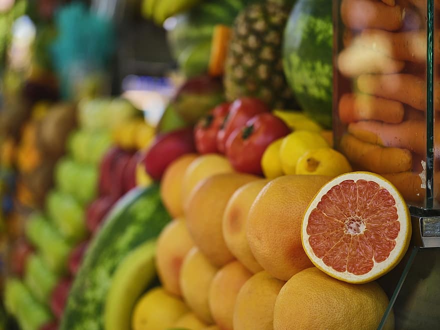frugter, citrusfrugter, marked, friske frugter, blod appelsiner, grapefrugt, frugt, friskhed, mad, sund kost, orange