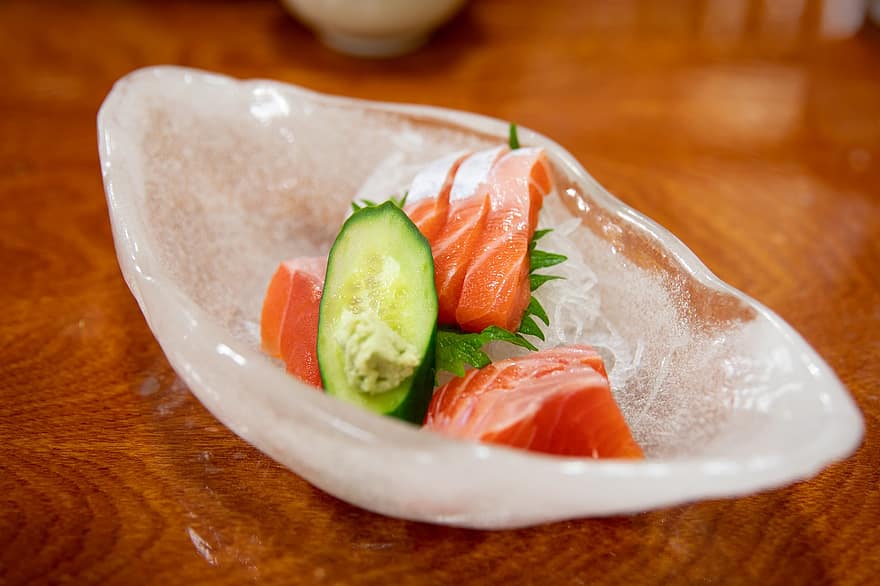 makan, hidangan, piring, meja, ikan salmon, timun, hokkaido, Jepang, sashimi