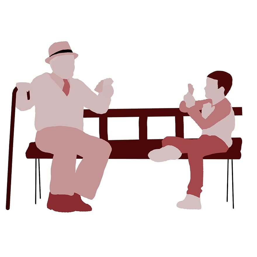 Grandfather, Family, Young, Playing Card, Red Tint, Out Door, Together