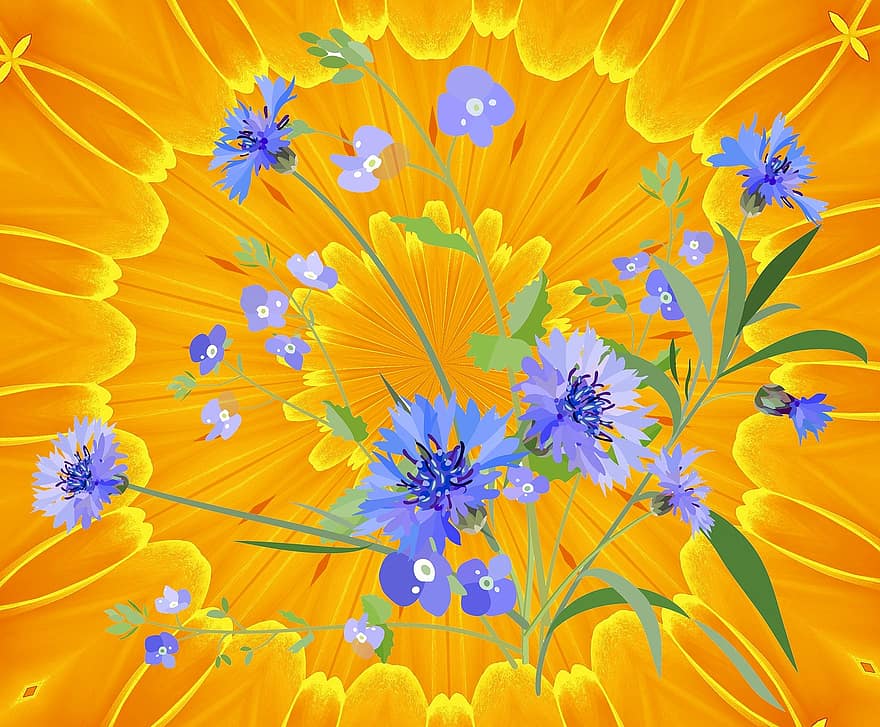 kukat, terälehdet, sininen, lehdet, varret, kukka-, sunburst, keltainen, ympyrä, oranssi lehti, oranssi lehdet