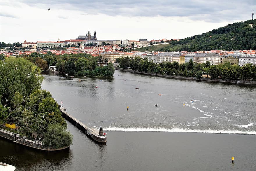 Prāga, Čehu Republika, pils, vltava, upe, laivas, ēka, no pilsētas, pilsēta, vēsture, panorāma