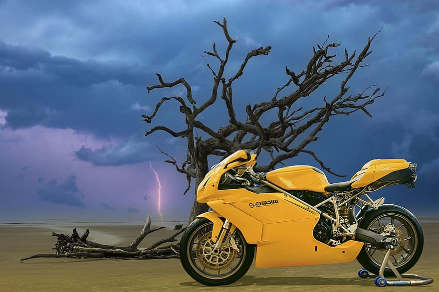 999, мотоцикл, гоночний велосипед, Жовтий Ducati, Італійський мотоцикл, шпалери, блискавка