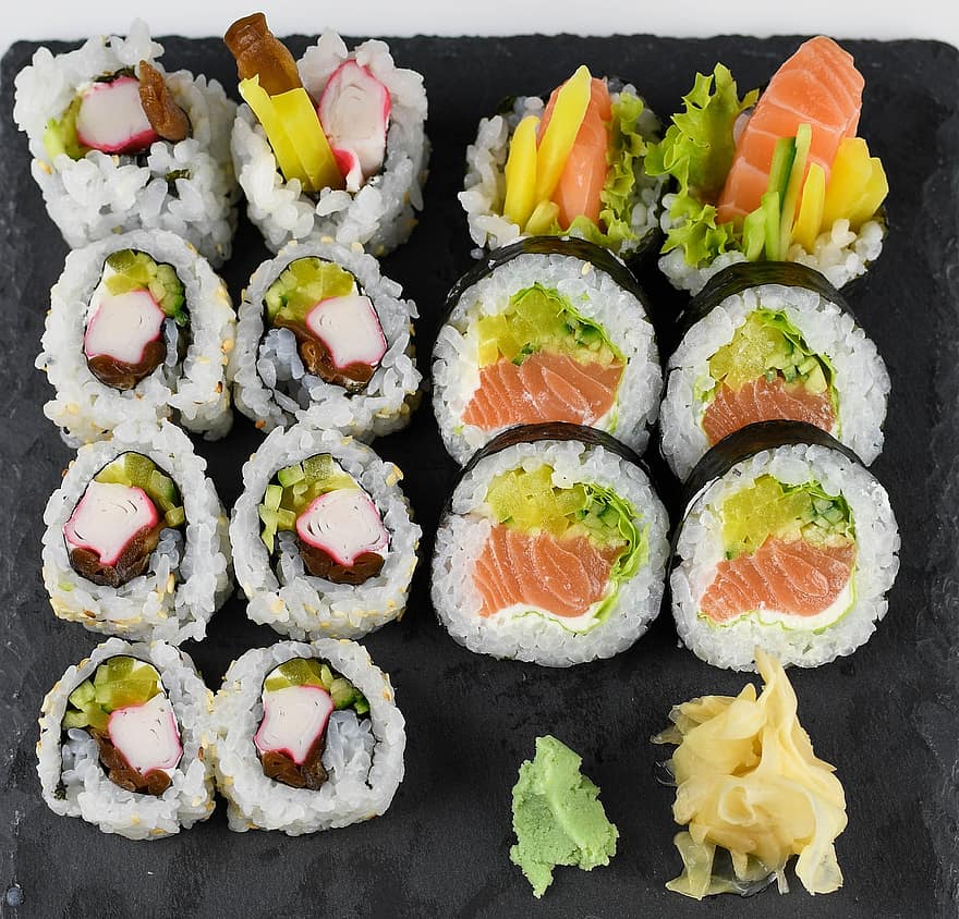 sushi, sushi rolky, california maki, japonské jídlo, japonská kuchyně, kalifornie rolích, jídlo, plody moře, gurmán, svěžest, kultur