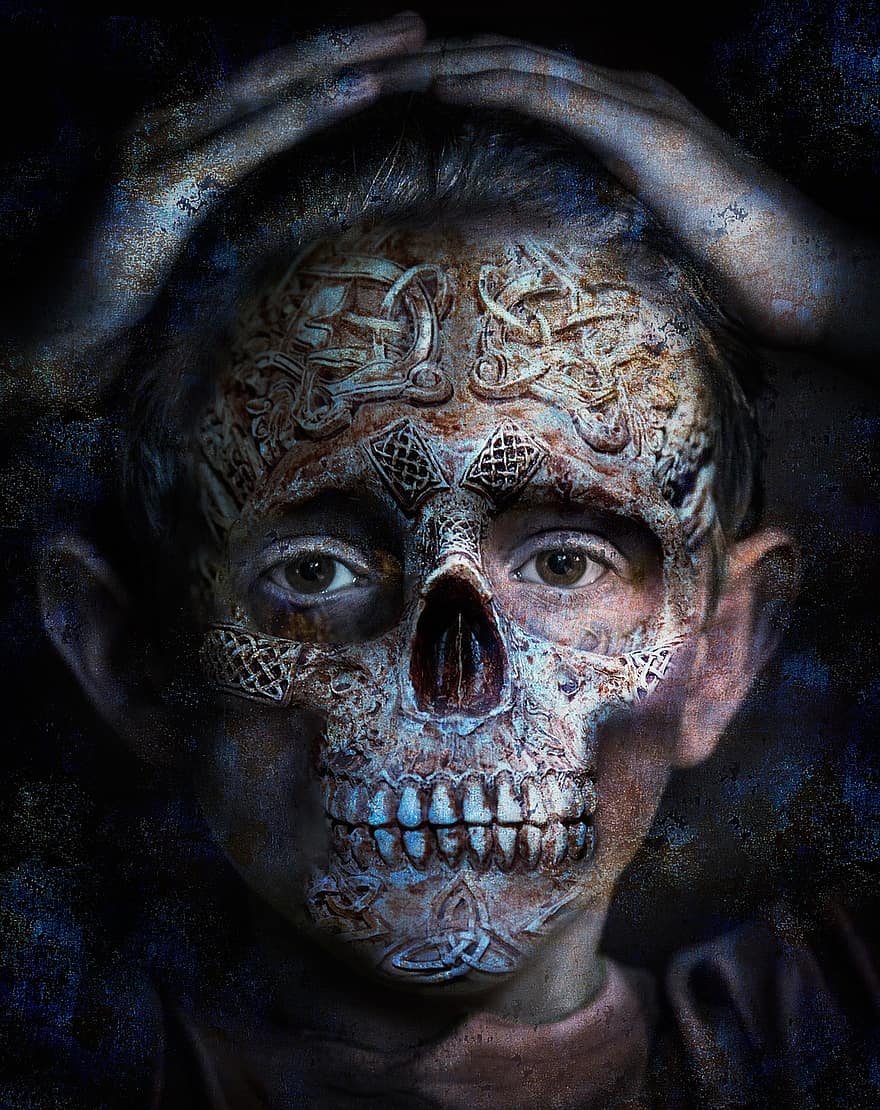 crânio, manipulação fotográfica, osso, assustador, Diversão, dia das Bruxas, humano, cabeça, manipulado