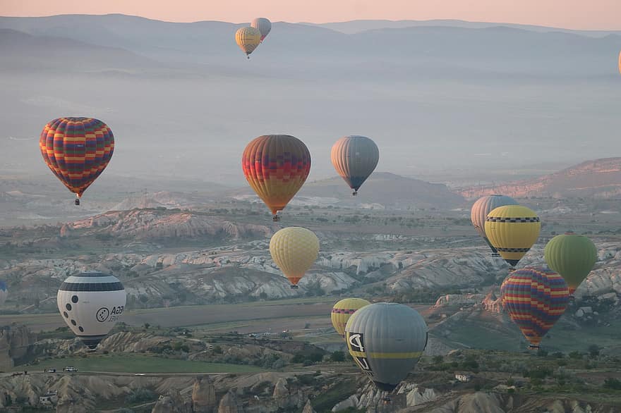 heteluchtballon, ballon, hemel, landschap, zonsopkomst, zonsondergang, cappadocia, reizen, droom, uitdaging, doel