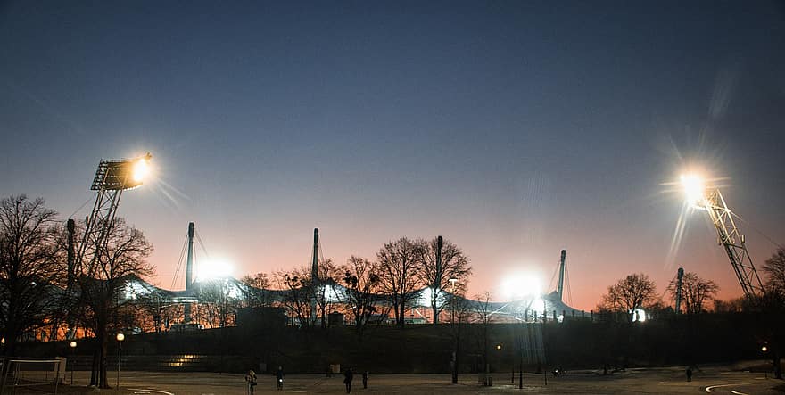 estadio Olimpico, estadio, estadio de fútbol, Luz de inundación, Munich, arquitectura, noche, oscuridad, iluminado, puesta de sol, equipo de iluminación