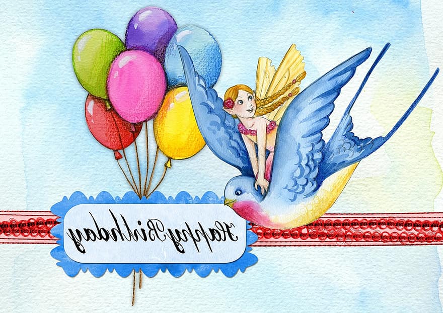 Alles Gute zum Geburtstag, Gruß, Karte, Botschaft, Ballon, Vogel, Fee, Fantasie, fliegen, süß, feiern