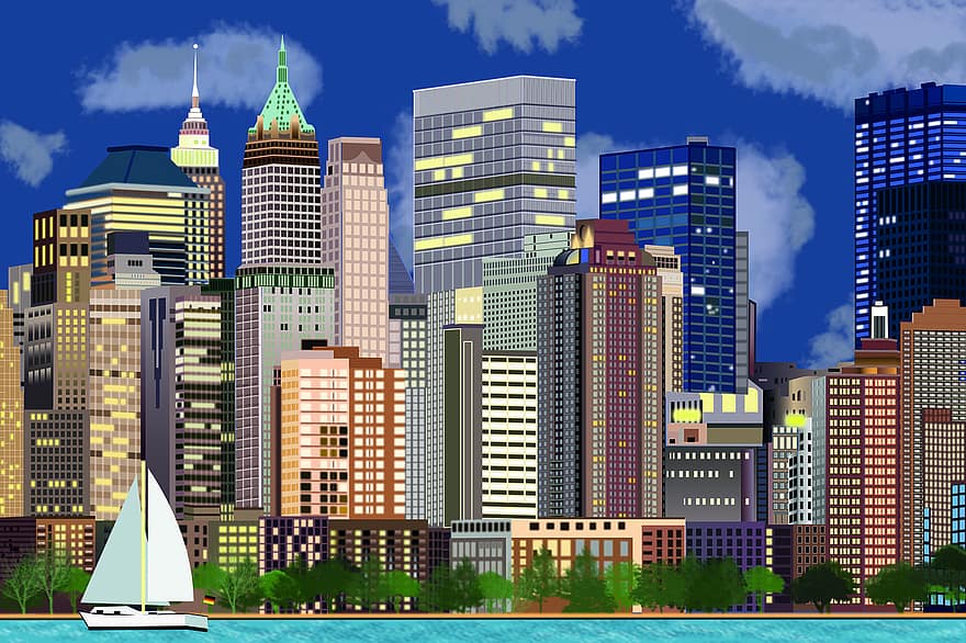 skyline, arranha-céus, Nova york, paisagem urbana, cidade, vela, barco, barco a vela, prédios, urbano, metrô