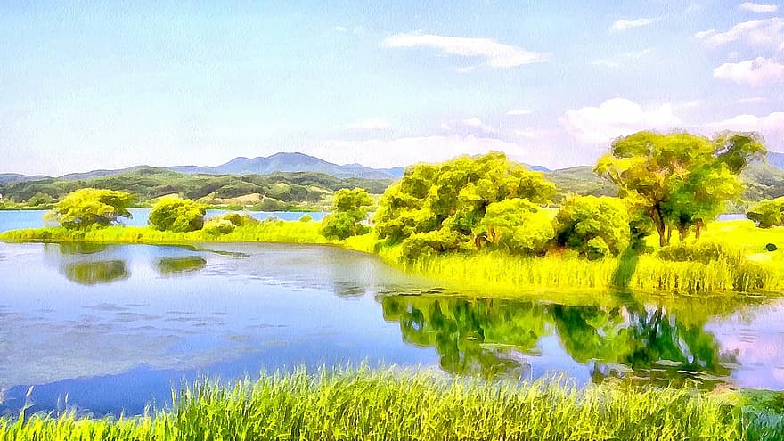 aquarelle, la nature, lac paysage, art, bois, vert, ciel