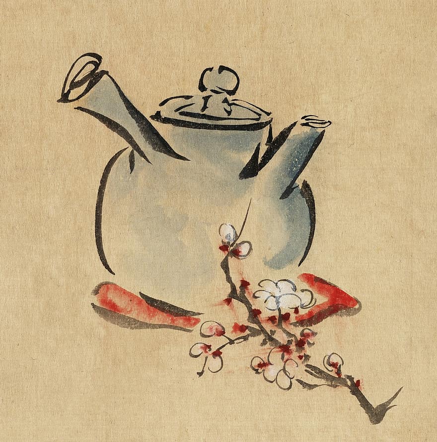Vintage, Japanese, Old Fashioned, Old, Antique, Painting, Watercolour, Watercolor, Teapot, Flower, Floral