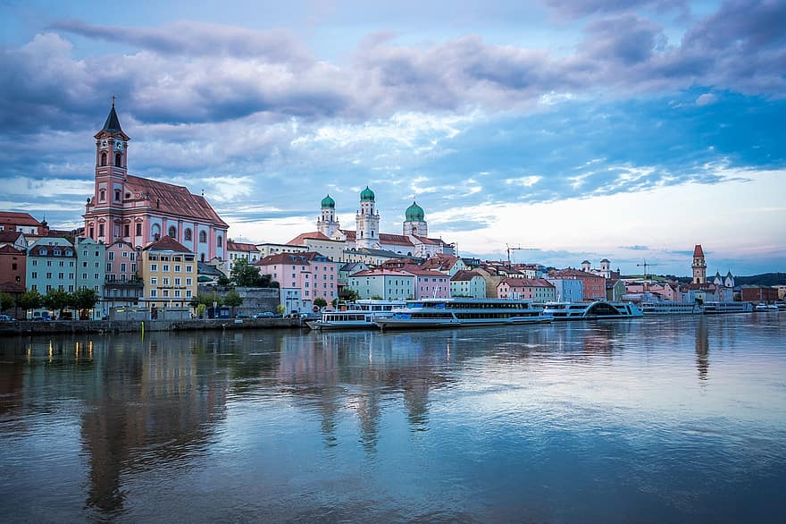 rejse, turisme, Passau, bayern, Tyskland, donau, afspejling, panorama, by, Niederbayern, aften atmosfære